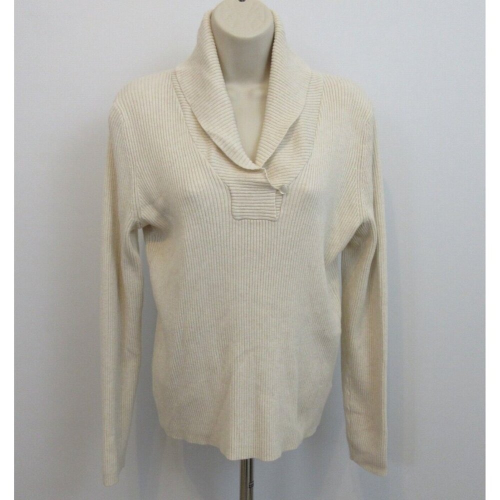 Croft & Barrow Ivory Cable Knit Sweater Sz M Collared V-Neck Button Long Sleeve
